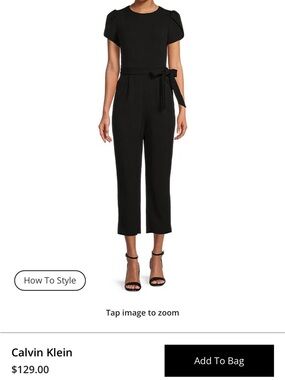Calvin Klein Black Short-Sleeve Cropped Jumpsuit with Waist Tie